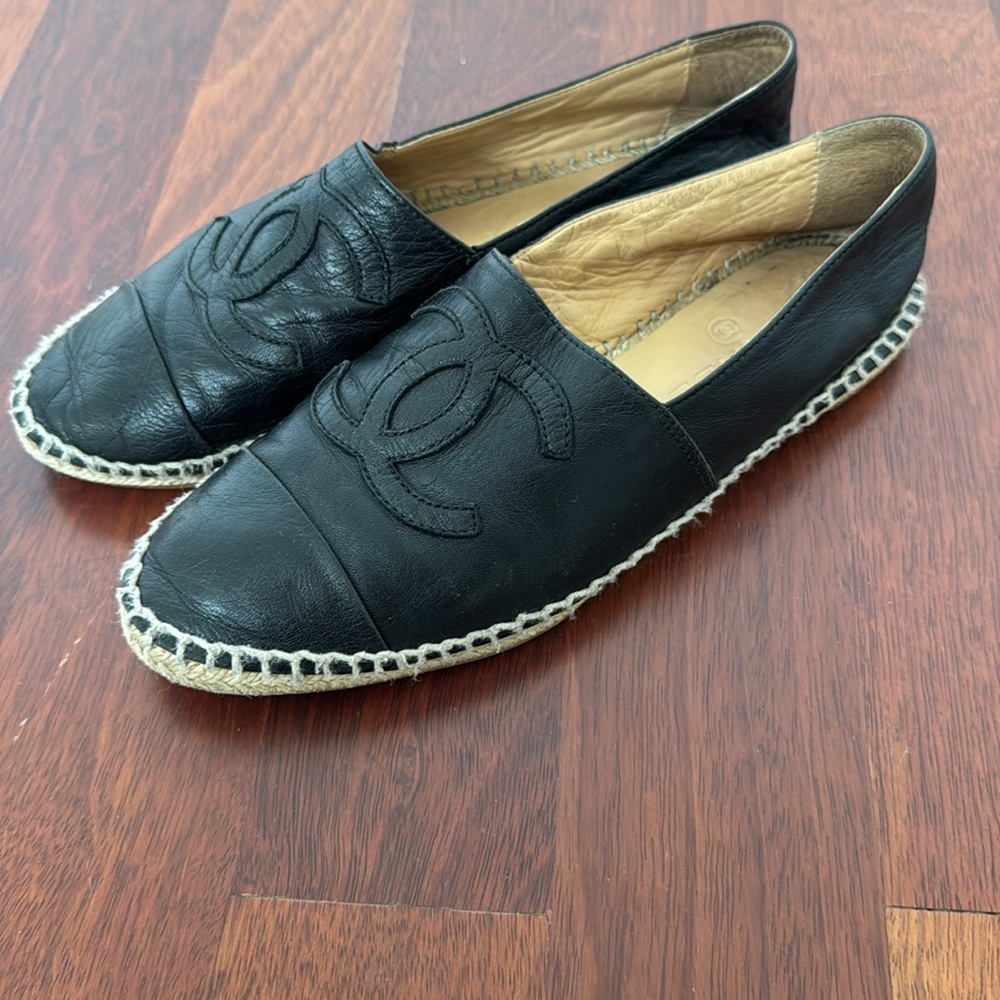 CHANEL Black Leather Espadrilles